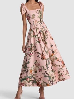 Alice + Olivia Pink Floral Midi Dress with Tie Shoulders